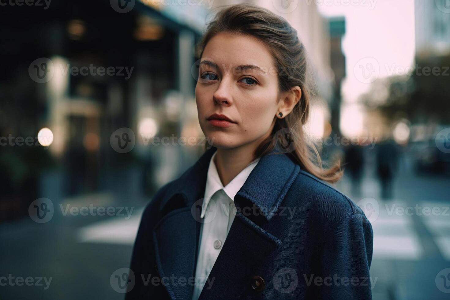 ai generativo ritratto di un' bellissimo giovane donna nel un' cappotto su il strada foto