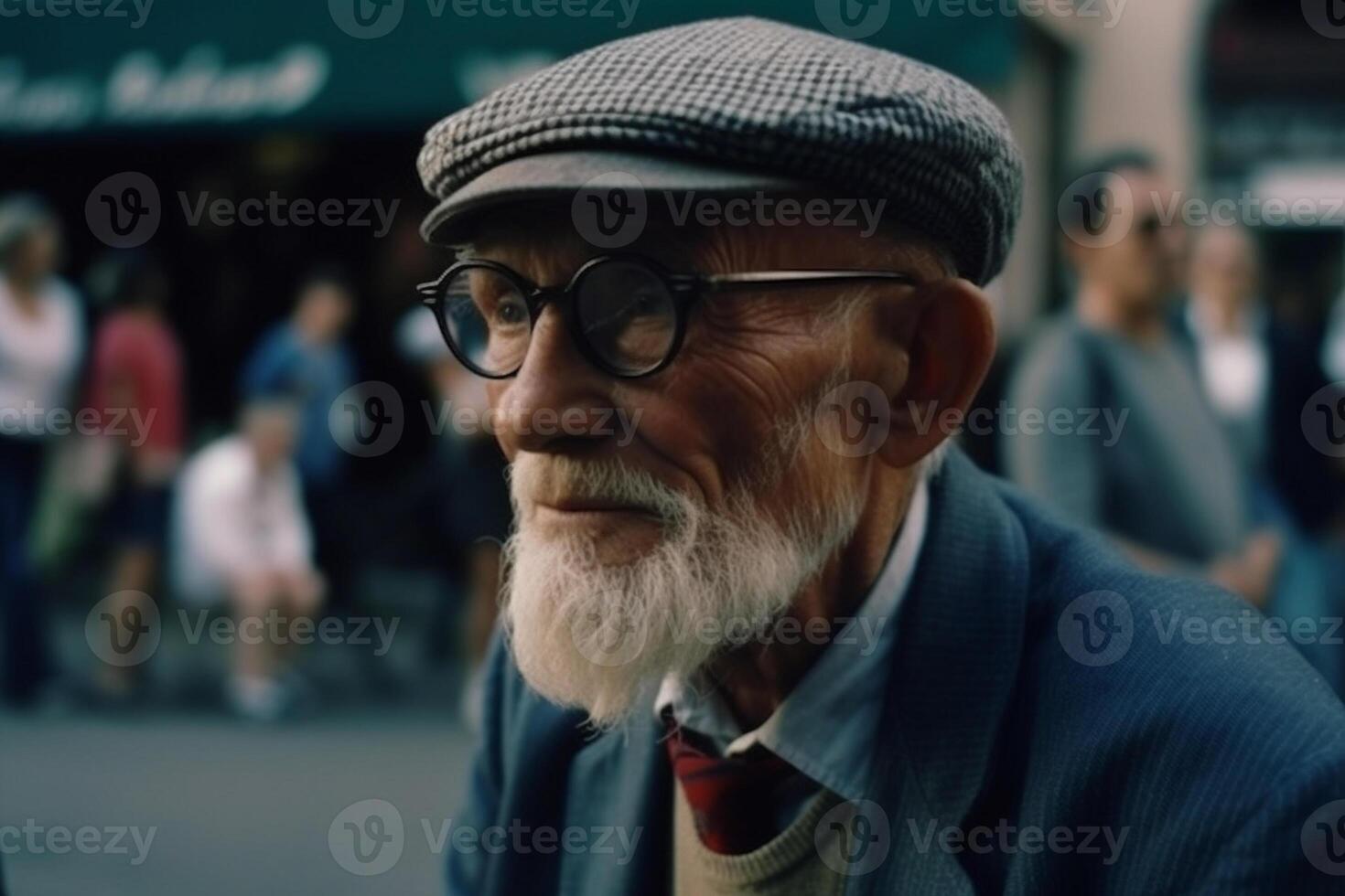 ai generativo ritratto di un vecchio uomo indossare cappotto su il strada foto