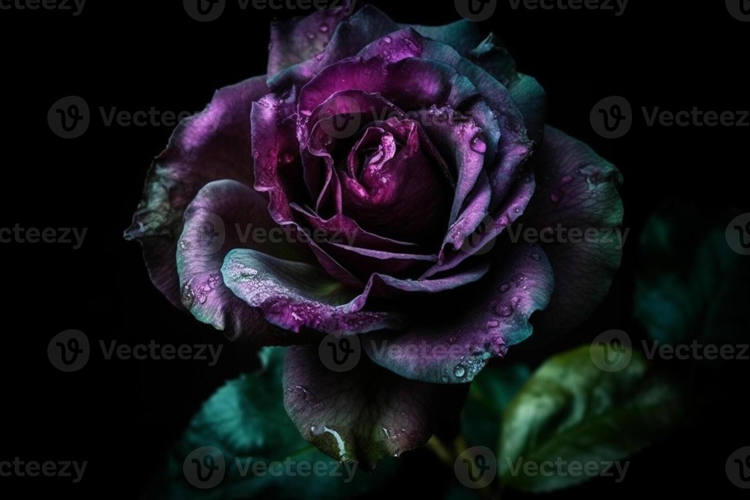 ai generativo bellissimo buio viola rosa con acqua gocce su petali su nero sfondo foto