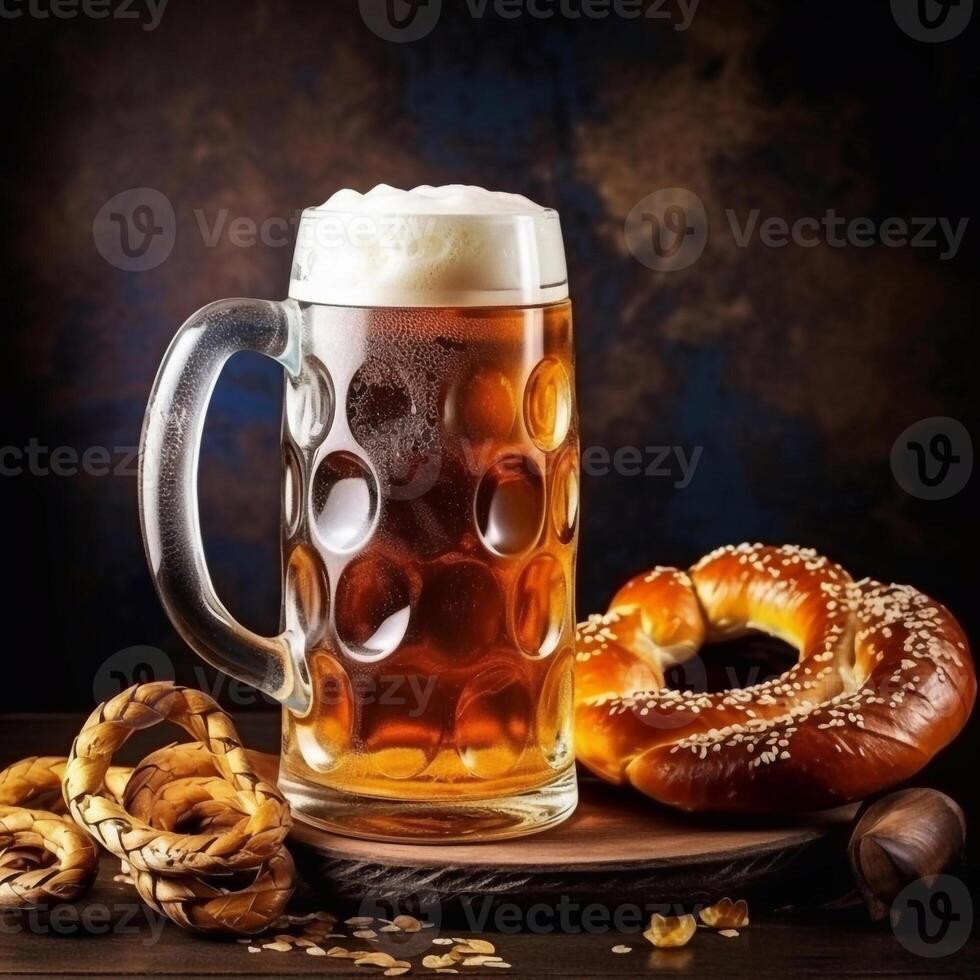 schiumoso birra nel grande bicchiere boccale sta nel Locale bar su Oktoberfest, ai generato foto