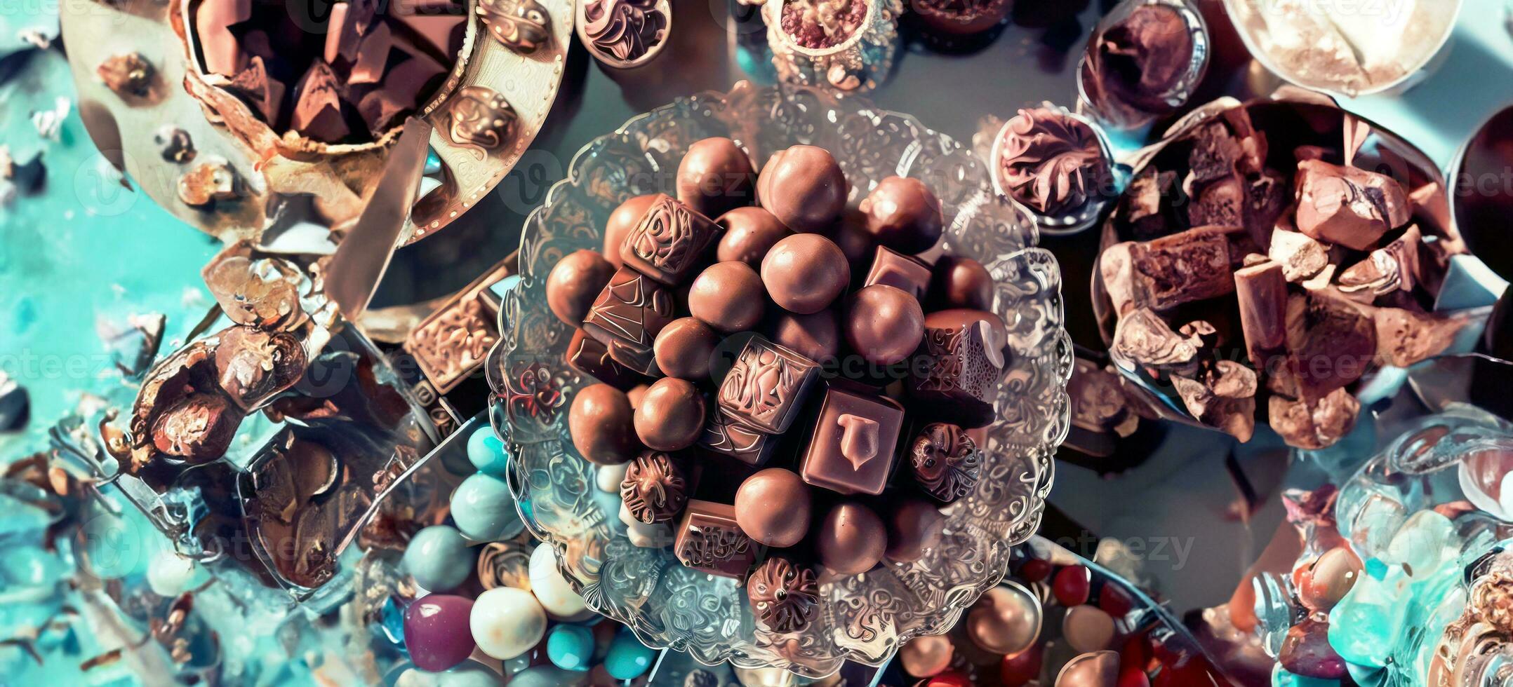 ai generato, generativo ai, superiore Visualizza vario genere di cioccolato cacao caramelle misto gusto lusso bicchiere piatto, cristallo vassoio, nel fantasia sfondo con copia spazio, mondo cioccolato giorno concetto foto