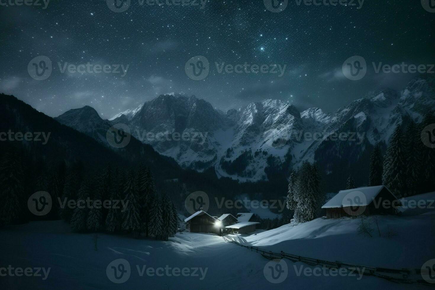 inverno notte villaggio montagna. creare ai foto