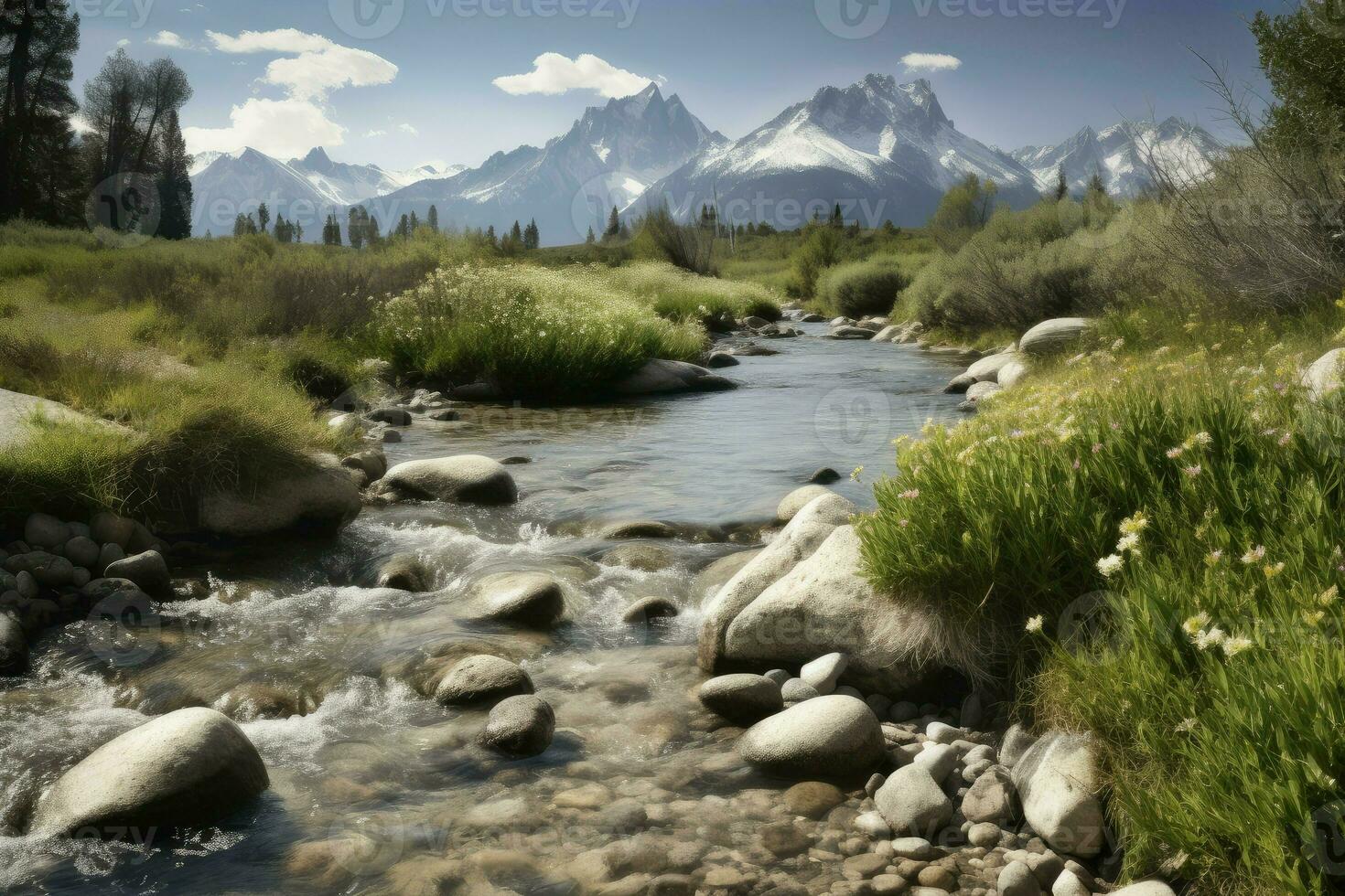 montagna torrente fiume selvaggio. creare ai foto