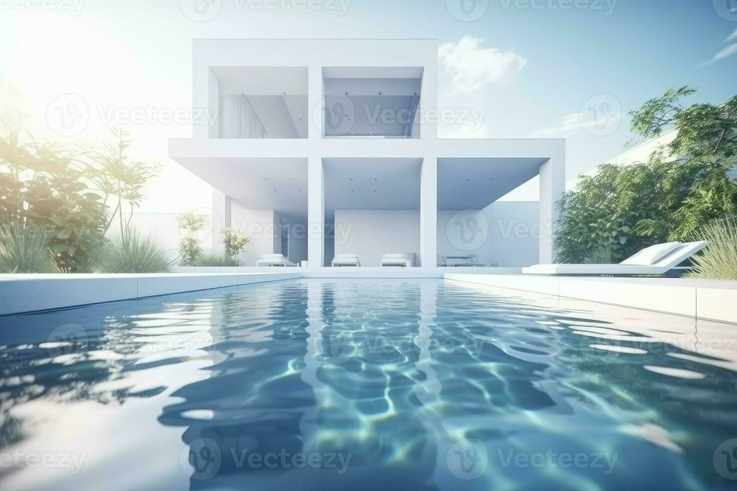 futuristico piscina villa soleggiato. creare ai foto