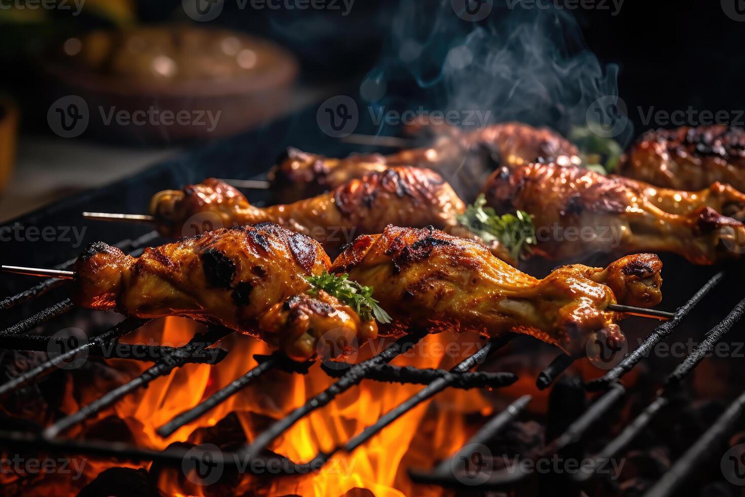 pollo kebab è grigliato su un' barbecue su un' nero sfondo. suono. generativo ai tecnologia foto