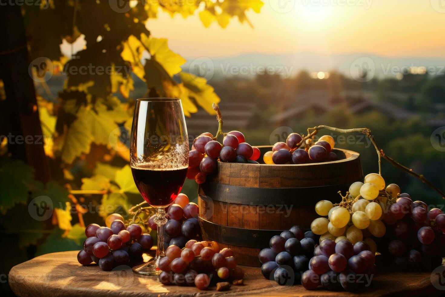 un' bicchiere di vino nel un' uva campo. generazione ai tecnologia. foto