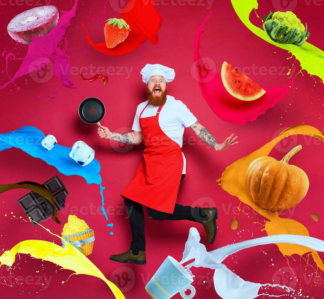 capocuoco è circondato di Alimenti e colorato liquido. concetto di fantasia nel cucinando foto