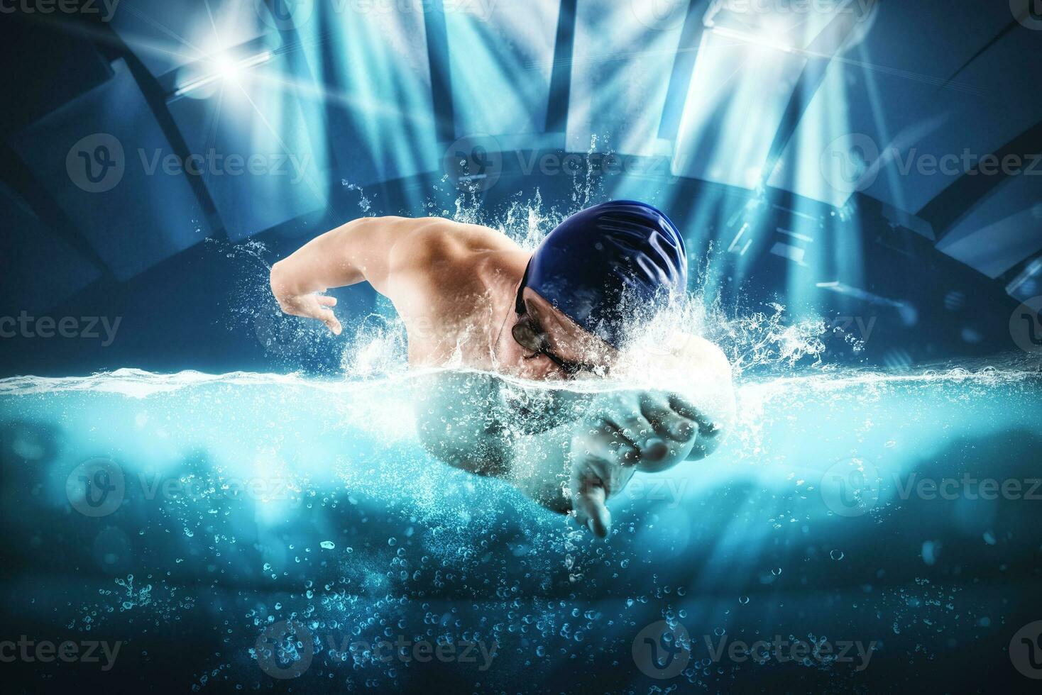 sportivo uomo atleta nuotate con energia durante un' concorrenza nel il piscina foto