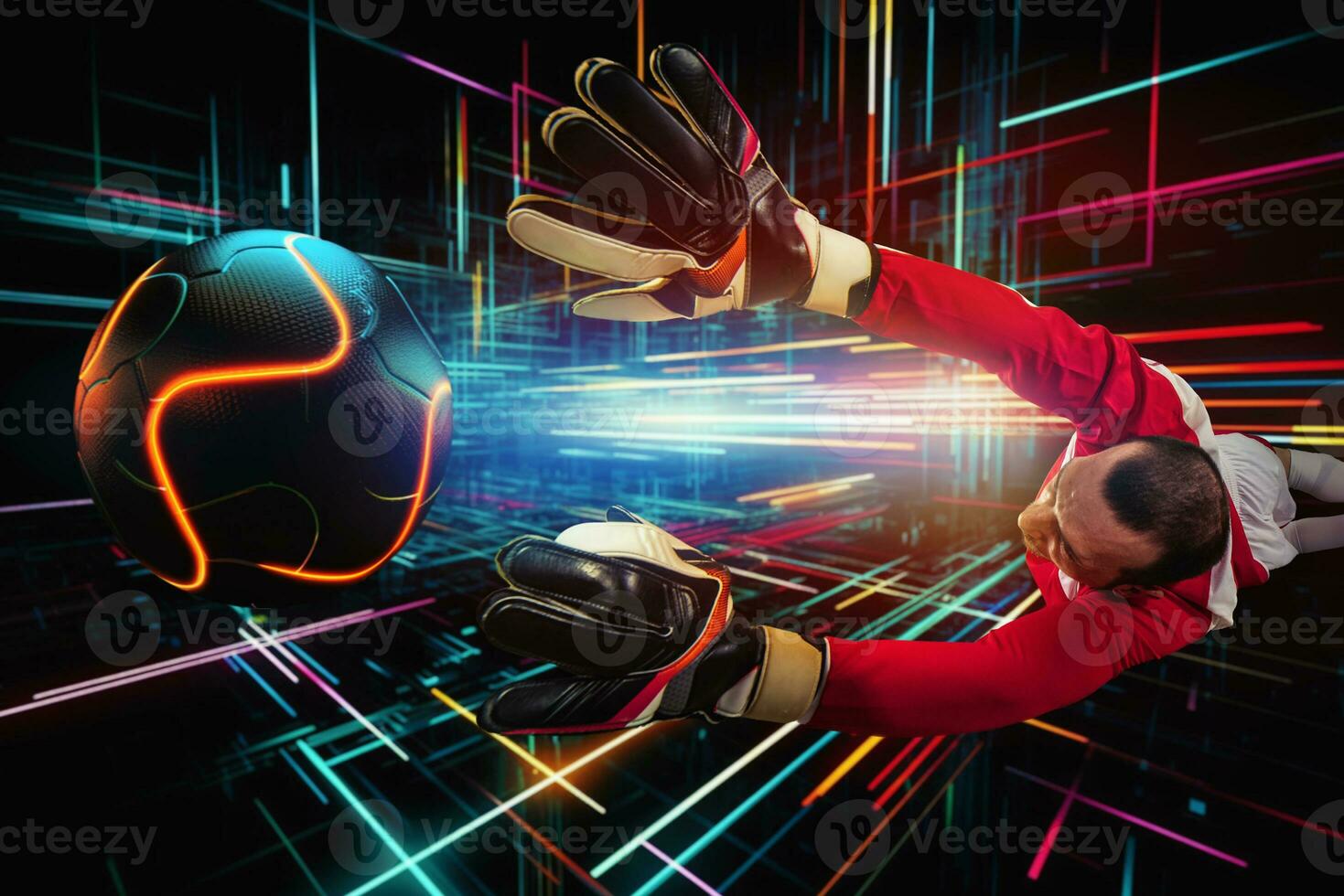 calcio scena con calcio portiere su futuristico digitale sfondo. generativo ai foto