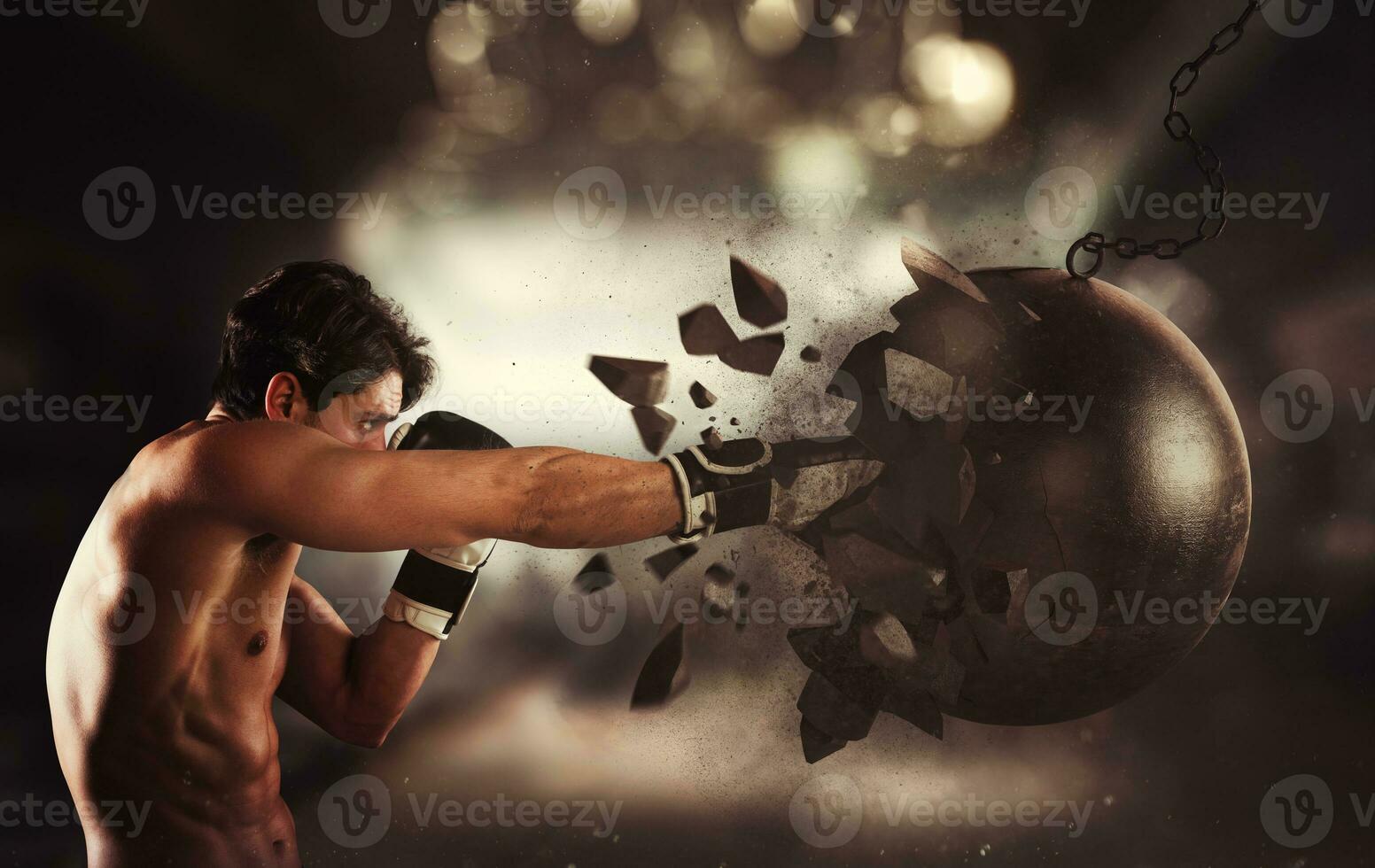 energia e determinazione di un' giovane muscolare pugile contro un' demolizione palla foto