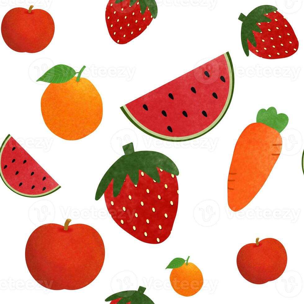 senza soluzione di continuità modello di disegno di anguria, fragola, mela, arancia e carota isolato su bianca sfondo per cibo concetto foto