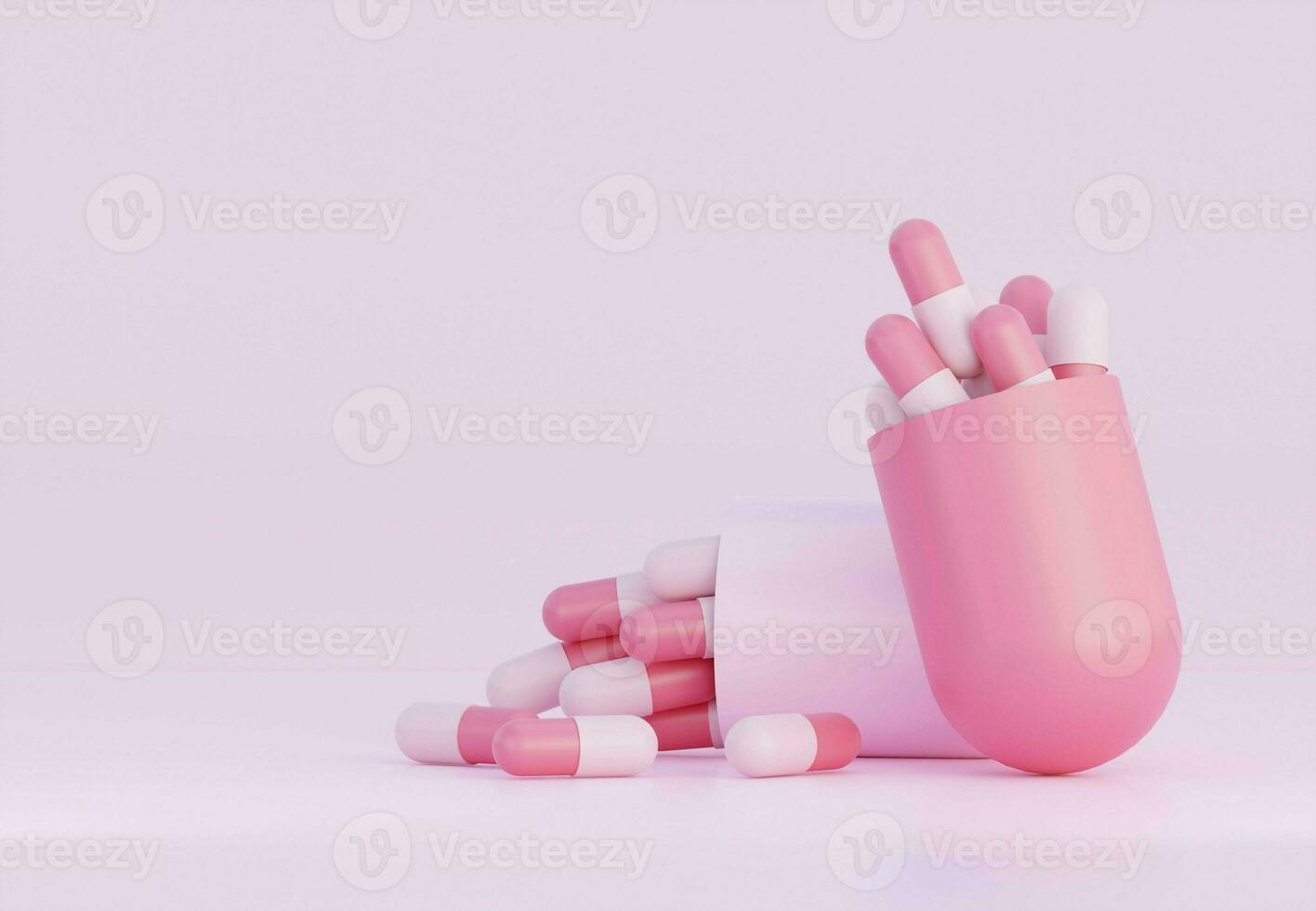 pastello colore medicina pillole. piccolo rosa pillole dentro grande tavoletta capsula. 3d resa. farmacia e assistenza sanitaria concetto. farmaci consapevolezza. foto