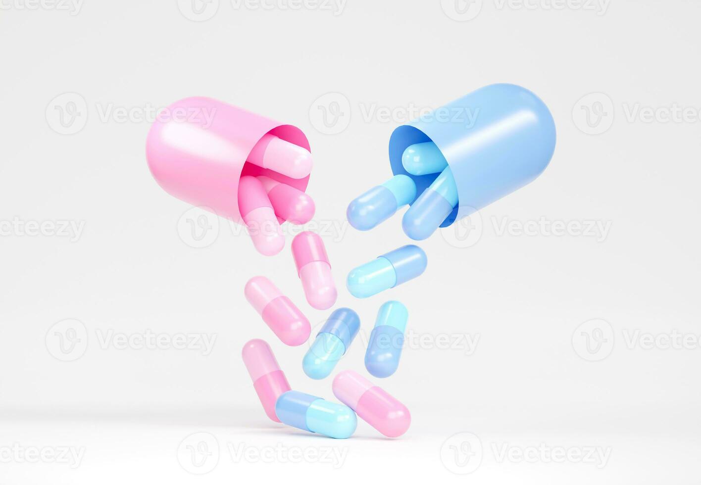 pastello colore medicina pillole. rosa e blu pillole volante giù su di tavoletta capsula. 3d resa. farmacia concetto. farmaci consapevolezza. foto