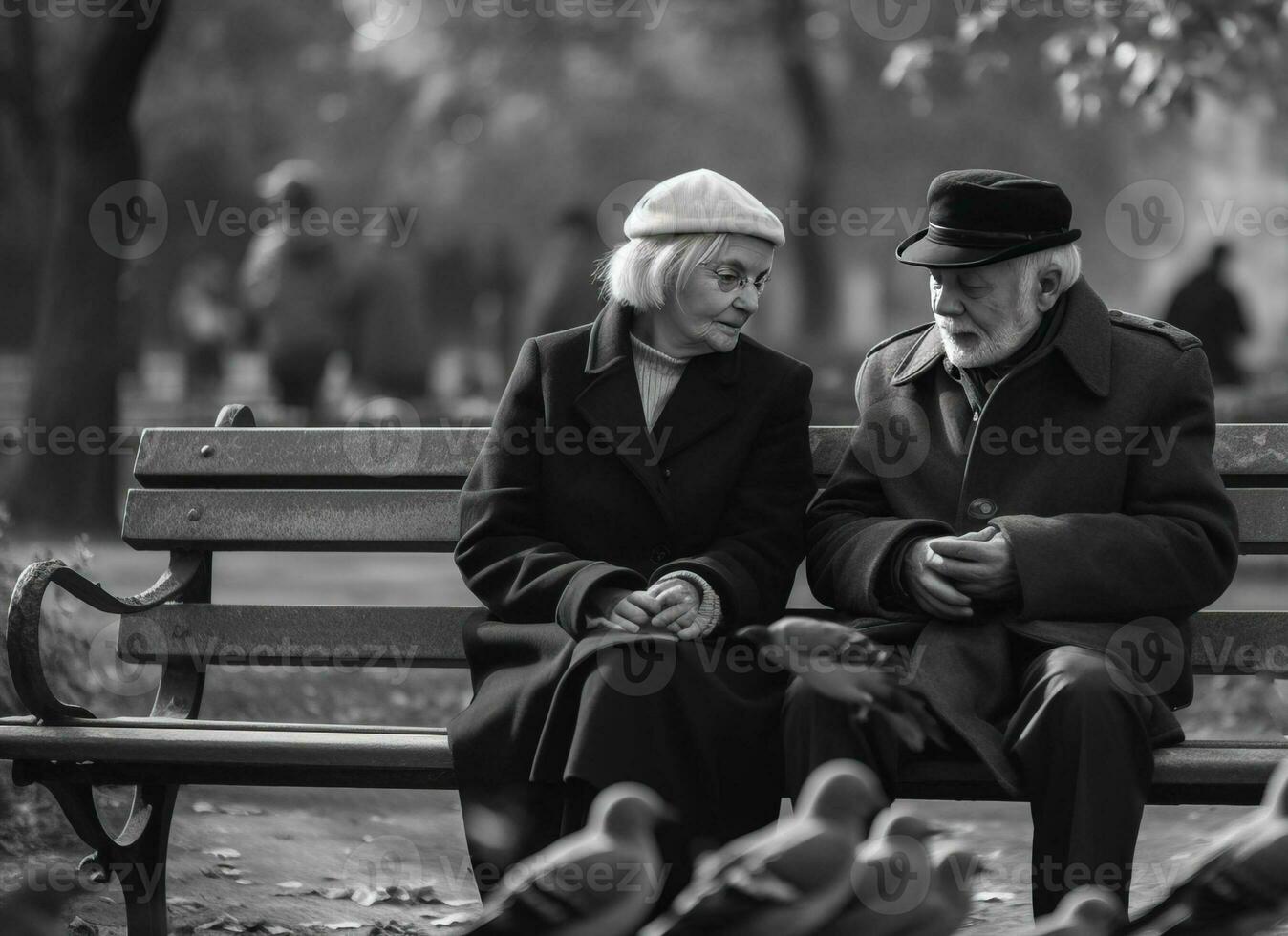nonni giorno. un anziano coppia nel un' parco su un' panchina alimentazione piccioni, monocromo. ai generato. foto