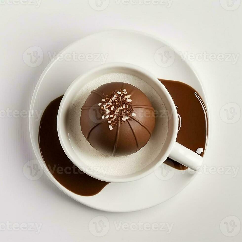 Marrone caldo cioccolato bomba nel bianca ceramica boccale su bianca ceramica piattino superiore Visualizza, caldo cacao nel bianca boccale foto