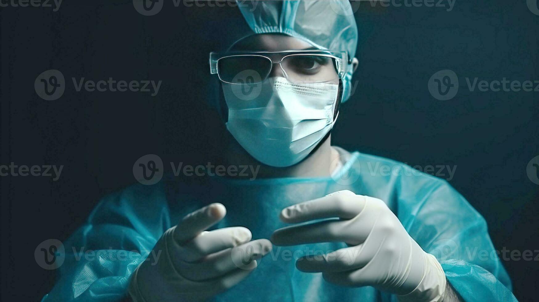 chirurgo medico avvicinamento nel un' maschera, buio blu sfondo isolato. medico assistenza per pazienti. ai generato. foto