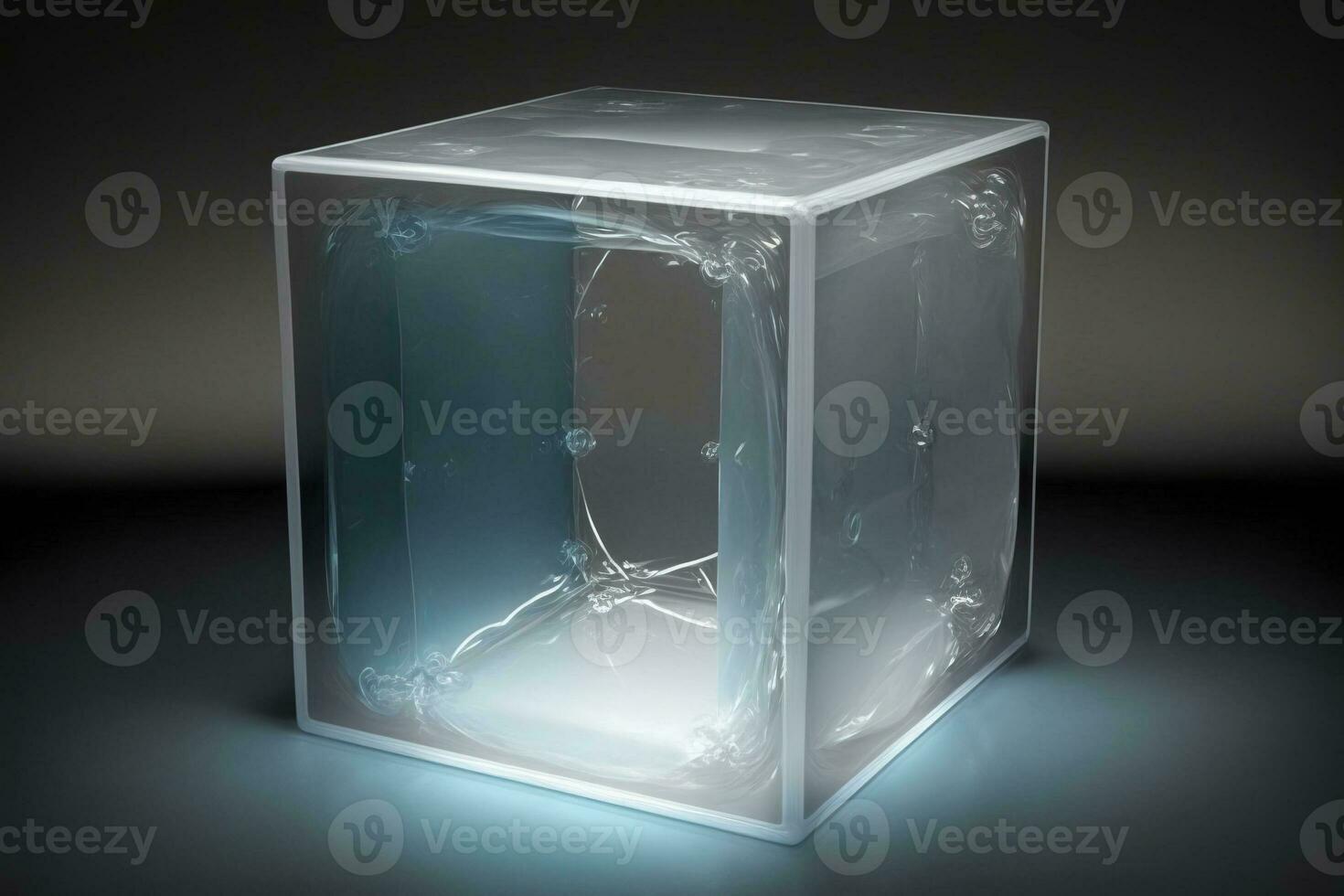 vuoto podio piedistallo blu trasparente cubo per Prodotto presentazione. ai generato. foto