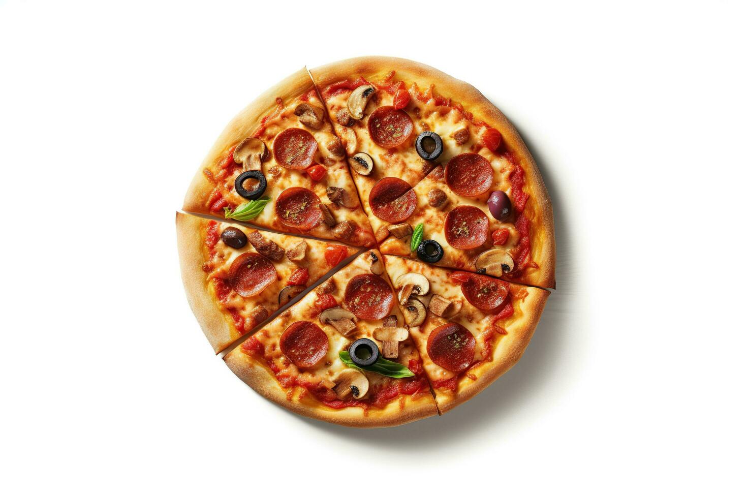 delizioso Pizza su bianca sfondo, superiore Visualizza ai generato foto