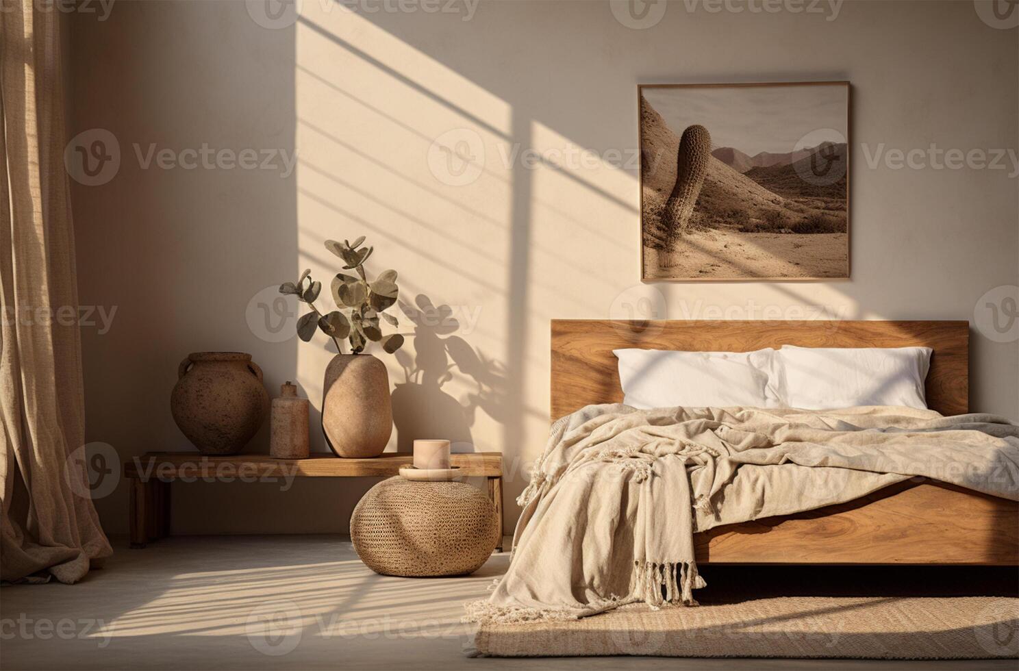 interno di moderno Camera da letto con di legno letto, cuscini e impianti ai generato foto