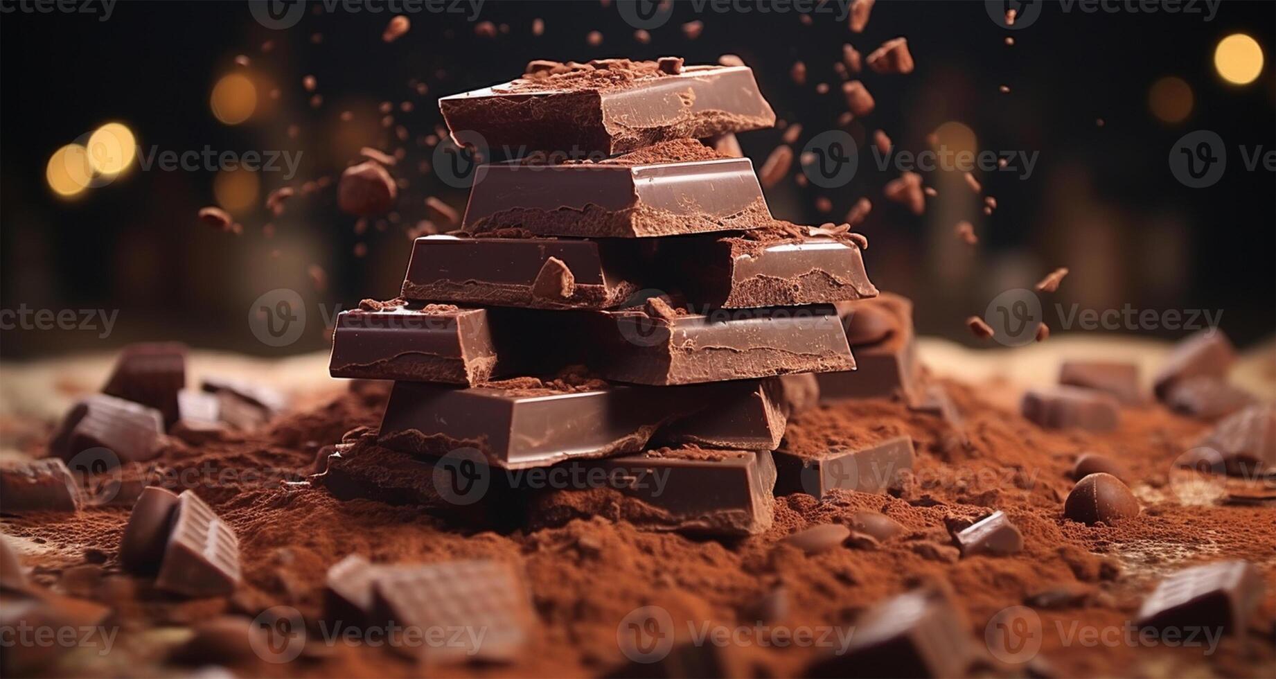 pezzi di cioccolato e cacao polvere spruzzi su un' nero sfondo. internazionale cioccolato giorno celebrazione ai generato foto