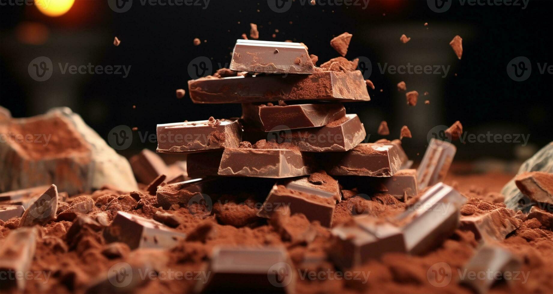 pezzi di cioccolato e cacao polvere spruzzi su un' nero sfondo. internazionale cioccolato giorno celebrazione ai generato foto