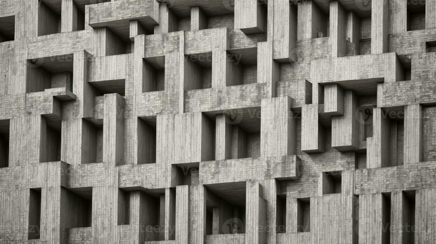 un' nero e bianca foto di un' edificio fatto di blocchi. ai generato