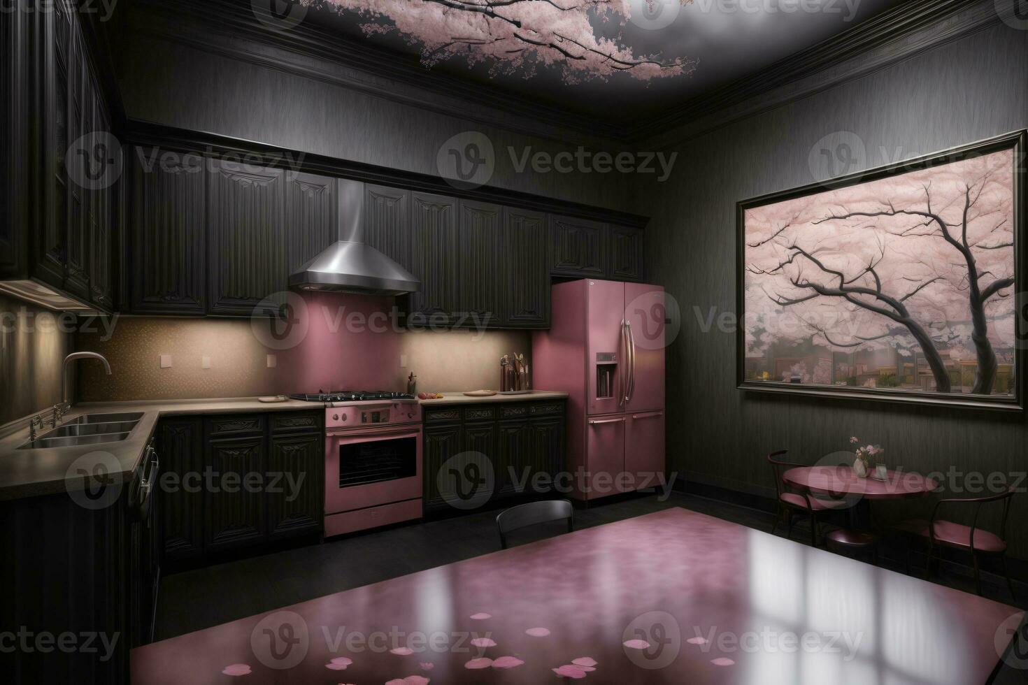 un' cucina con rosa elettrodomestici e un' pittura su il parete. ai generato foto