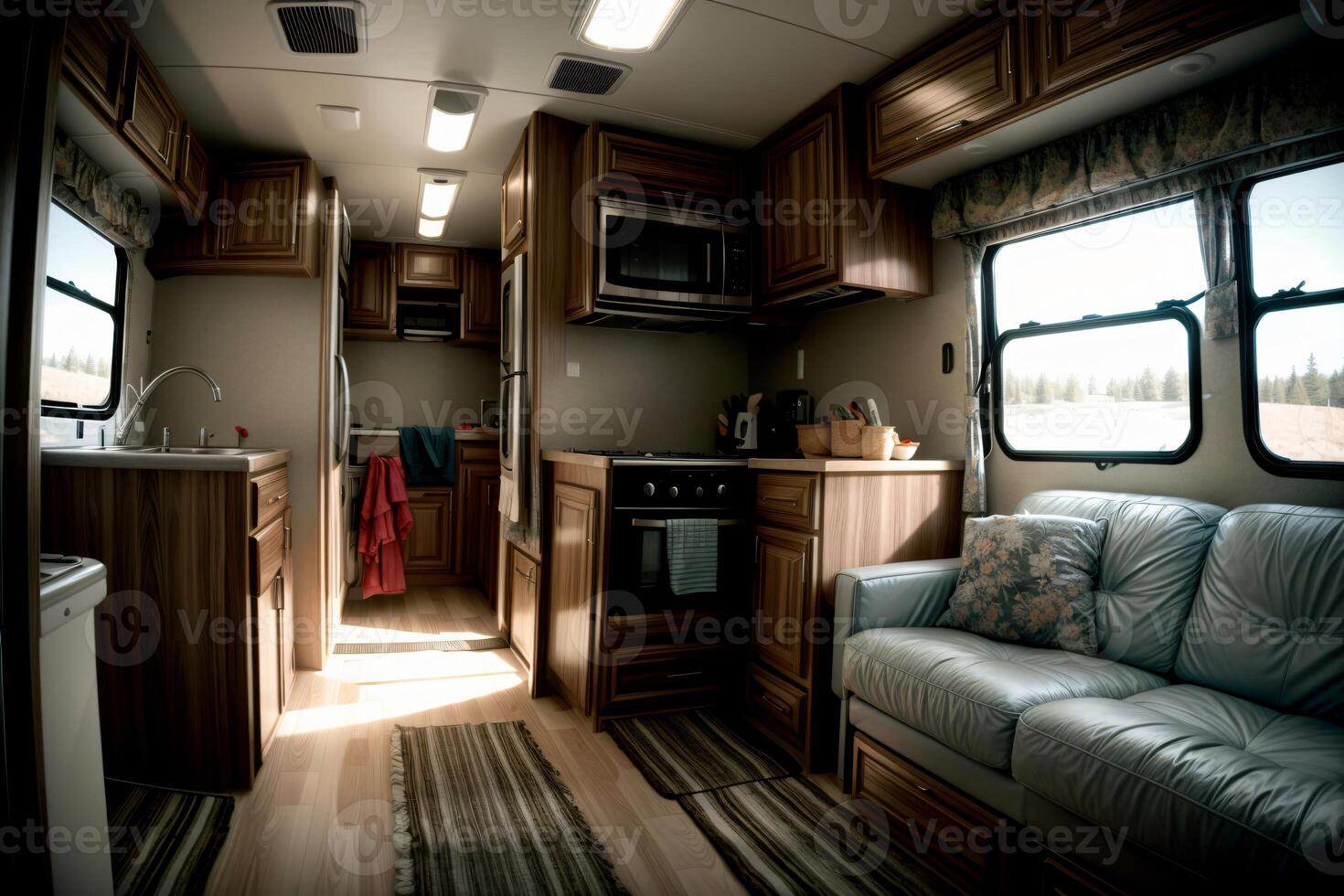 un' vivente camera e cucina dentro di un' viaggio trailer. ai generato foto