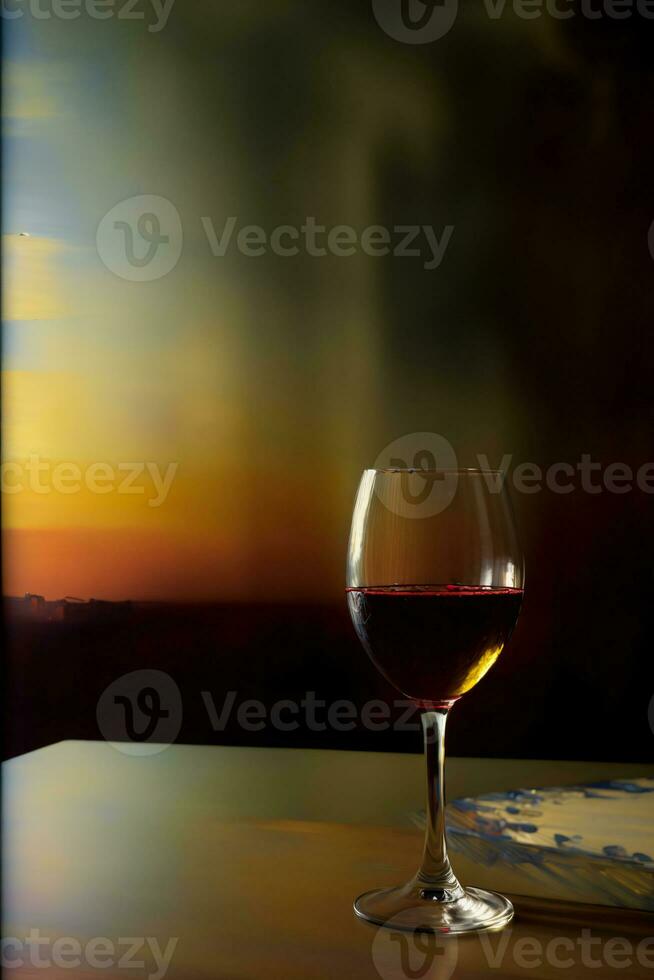 un' bicchiere di vino seduta su superiore di un' tavolo. ai generato foto