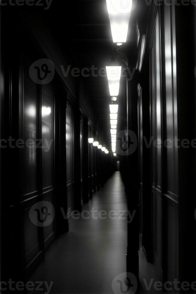 un' nero e bianca foto di un' lungo corridoio. ai generato