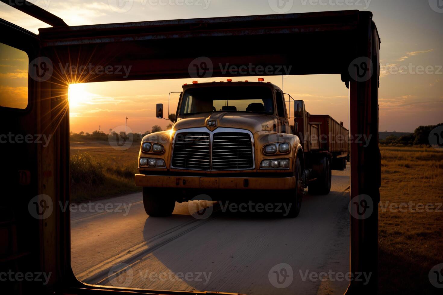 un' grande camion guida giù un' rurale strada. ai generato foto