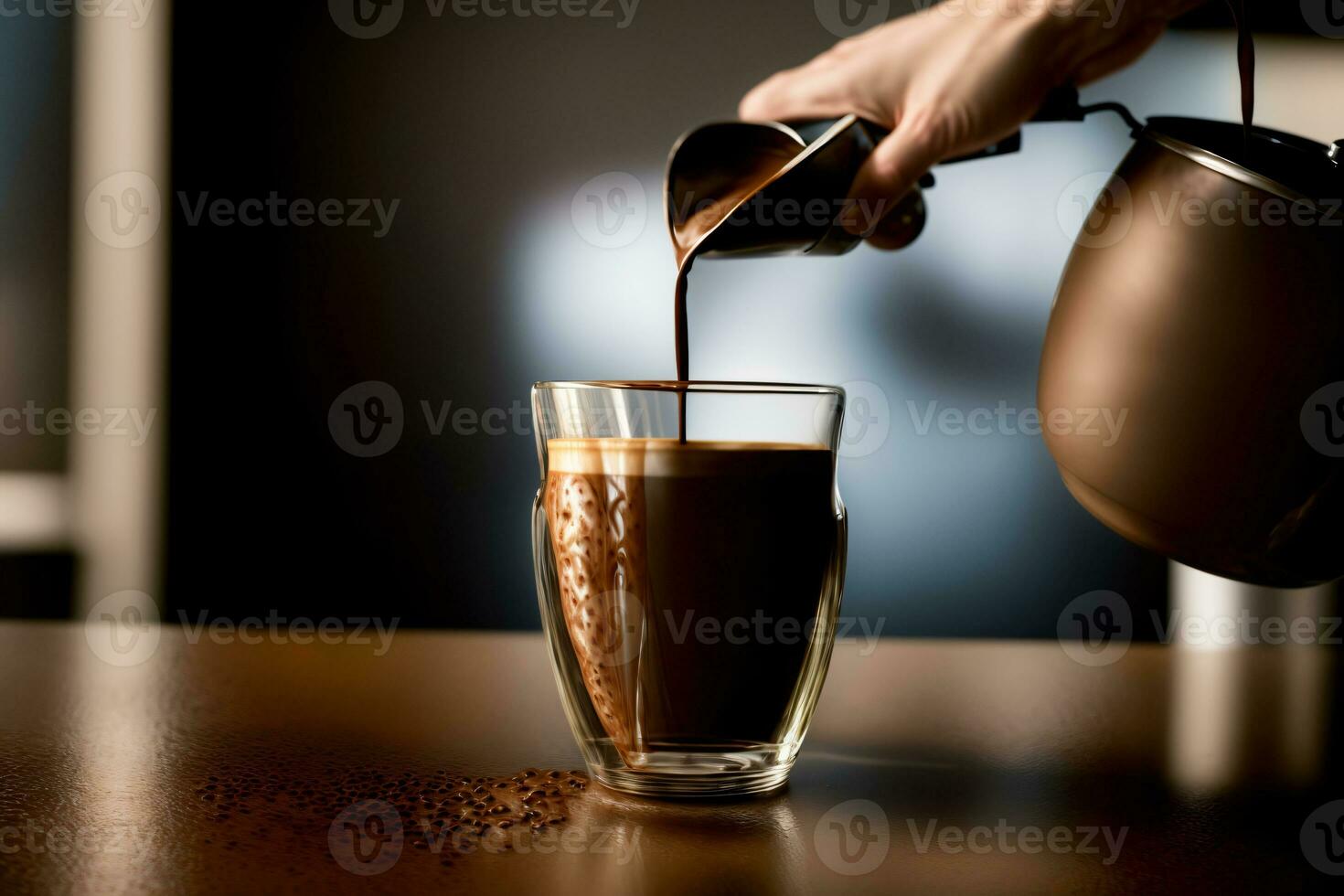 un' persona versa caffè in un' bicchiere. ai generato foto
