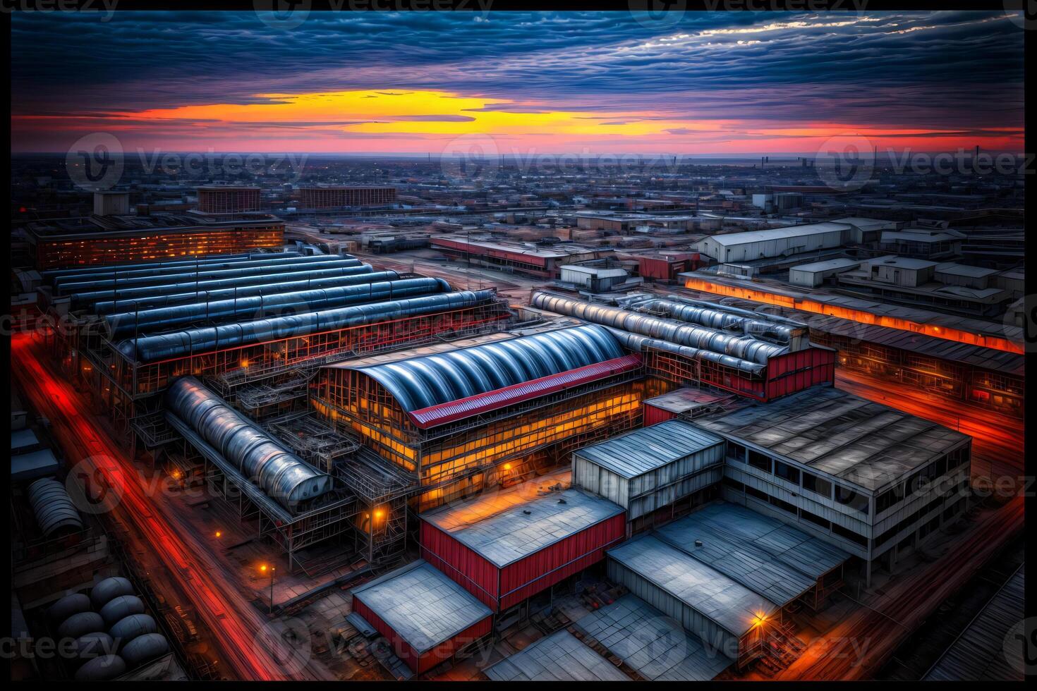 un aereo Visualizza di un' treno stazione a tramonto. ai generato foto