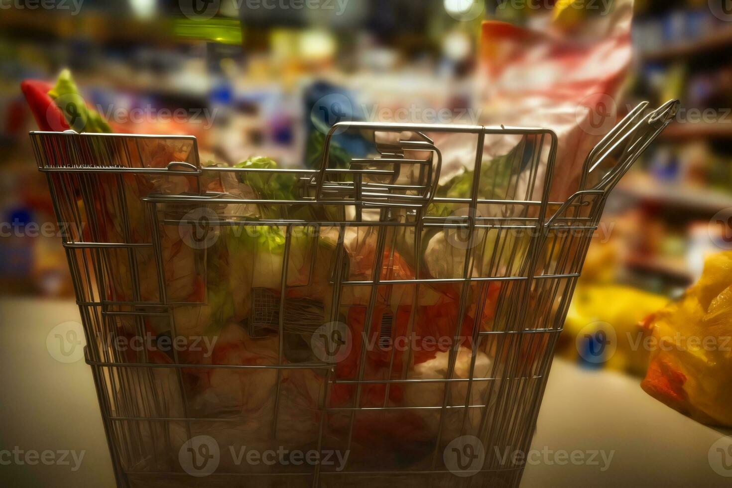un' shopping cestino pieno di verdure nel un' drogheria negozio. ai generato foto
