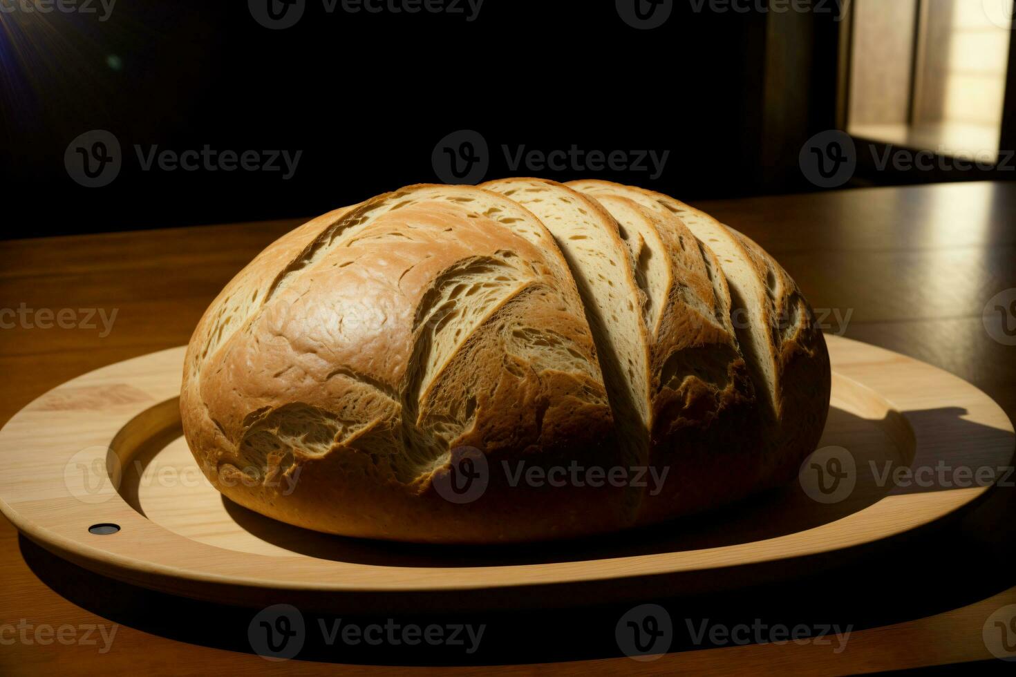 un' pagnotta di pane seduta su superiore di un' di legno piatto. ai generato foto