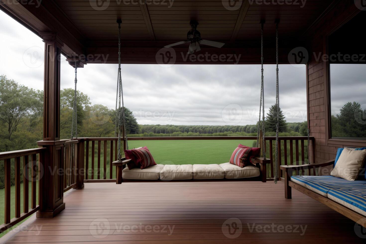 un' veranda con un' swing e cuscini su esso. ai generato foto