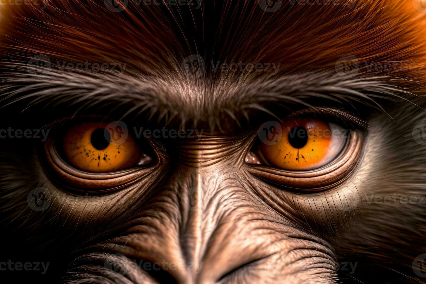 un' vicino su di un' scimmie viso con arancia occhi. ai generato foto