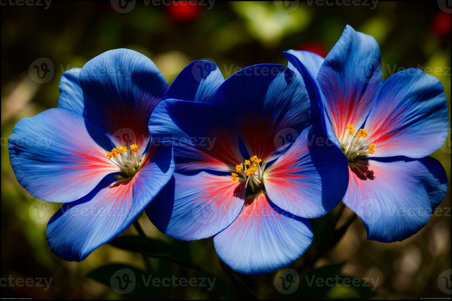 un' coppia di blu fiori seduta Il prossimo per ogni Altro. ai generato foto