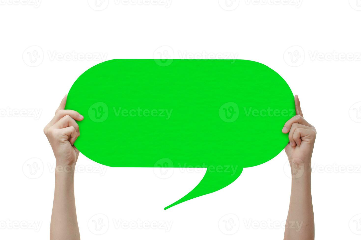 mano Tenere un verde vuoto discorso bolla, isolato su bianca sfondo con ritaglio sentiero. foto