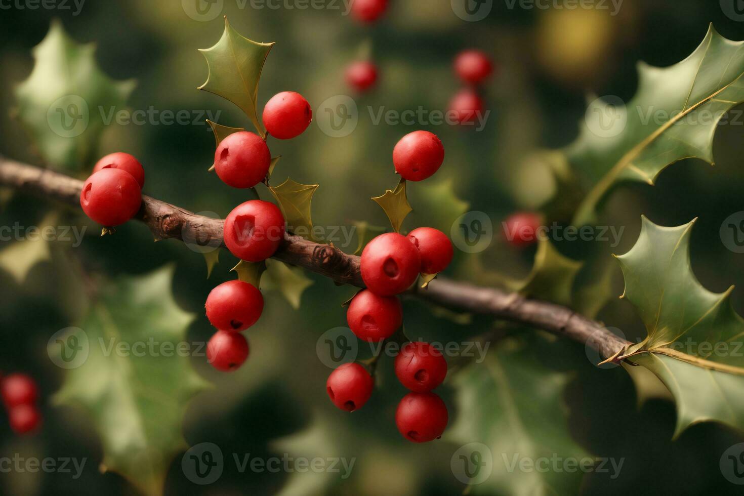 un' ramo con rosso frutti di bosco e verde le foglie. ai generato foto
