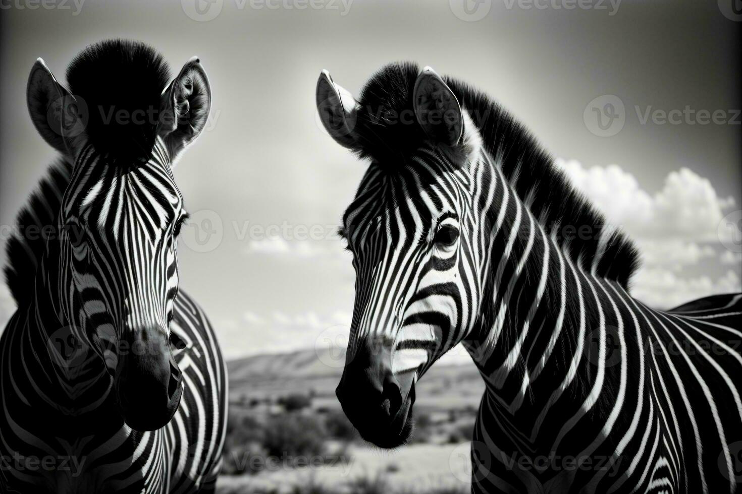 un' coppia di zebra in piedi Il prossimo per ogni Altro. ai generato foto