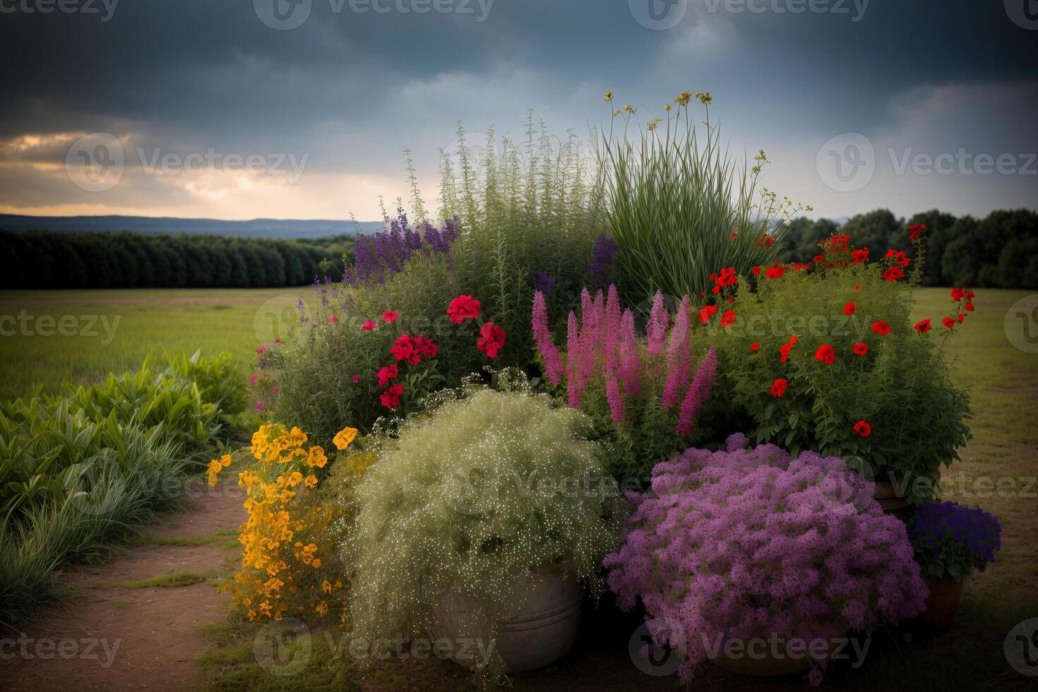 un' giardino pieno con molte di diverso tipi di fiori. ai generato foto