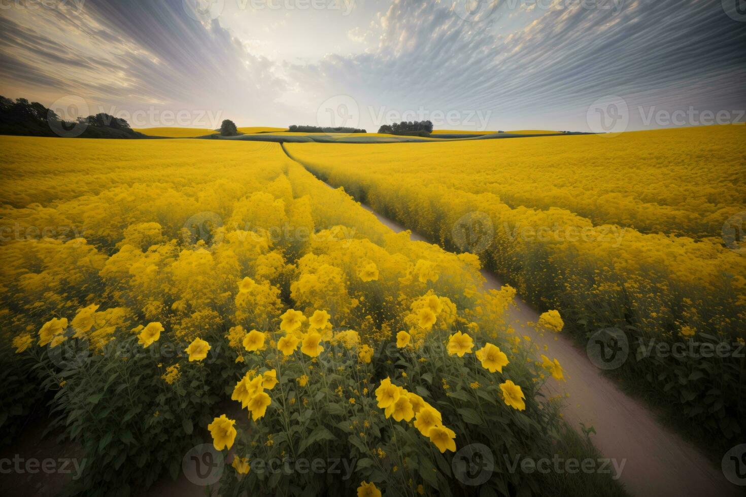 un' campo pieno di giallo fiori sotto un' nuvoloso cielo. ai generato foto