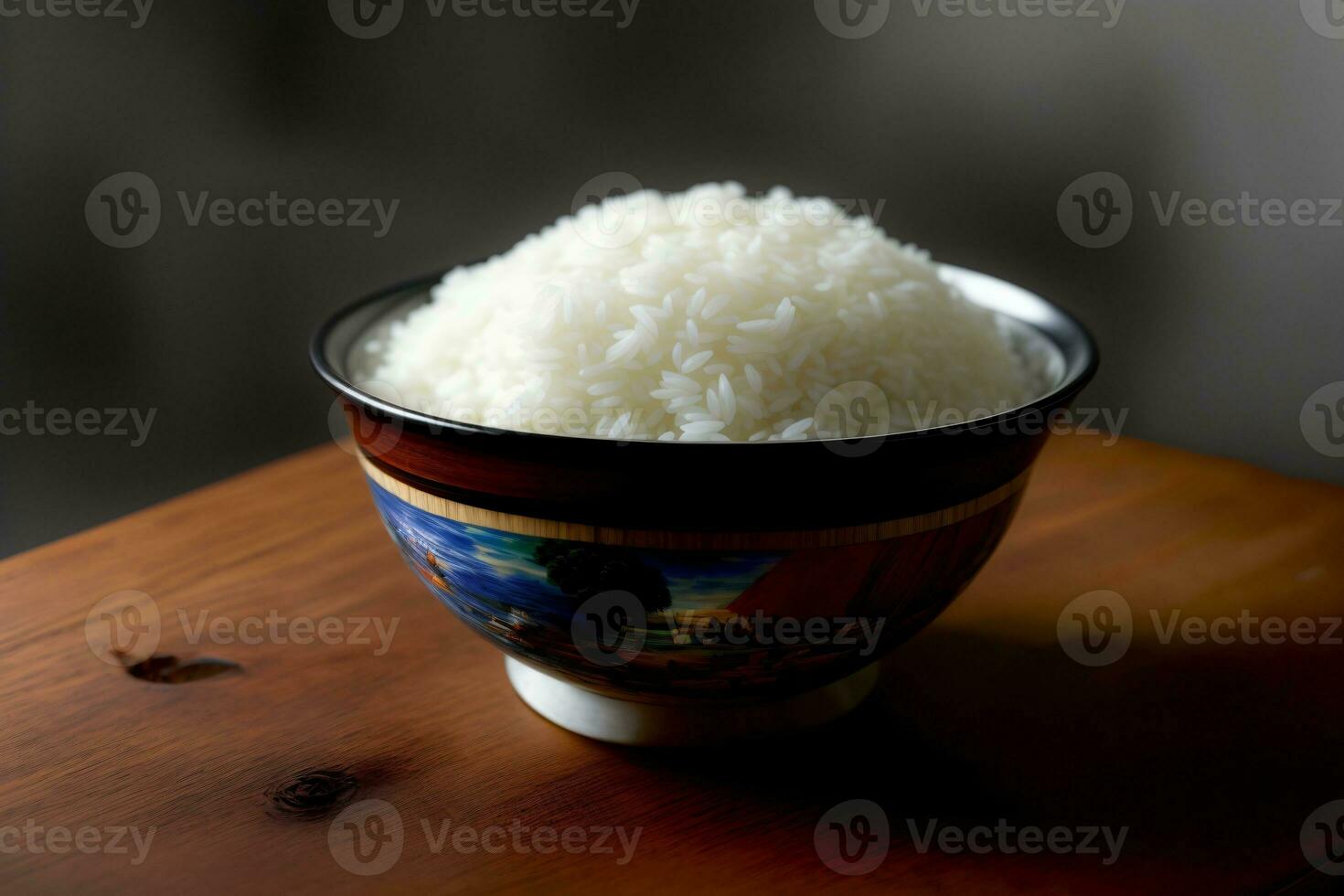un' ciotola pieno con riso seduta su superiore di un' di legno tavolo. ai generato foto