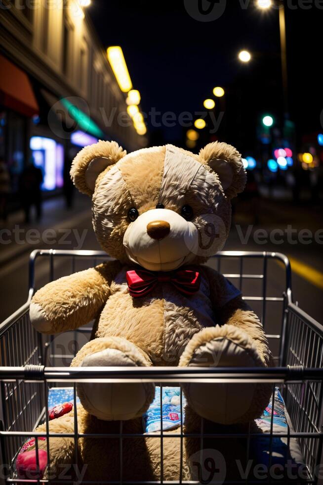 un' orsacchiotto orso seduta nel un' shopping carrello. ai generato foto