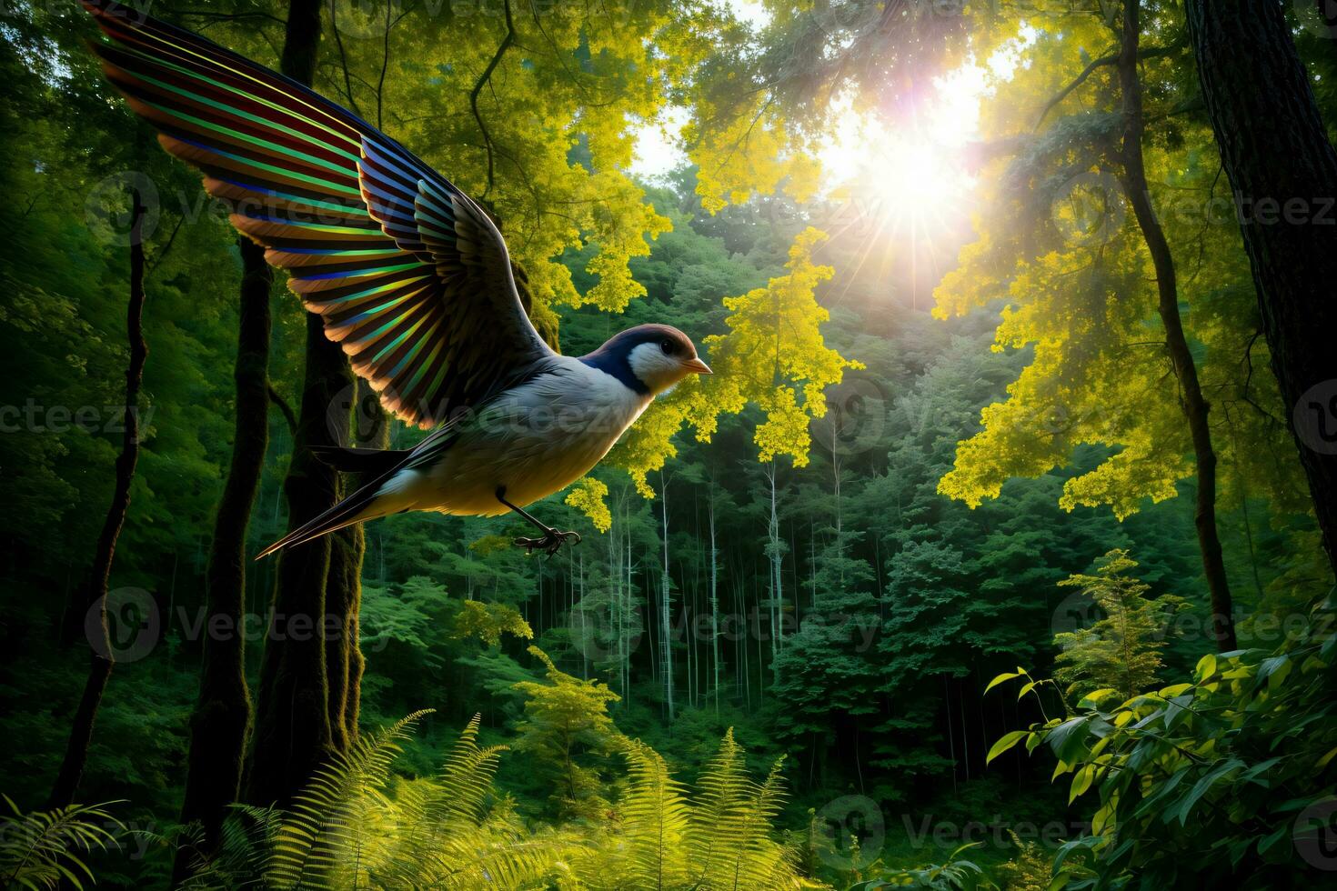 un' uccello volante al di sopra di un' lussureggiante verde foresta. ai generato foto