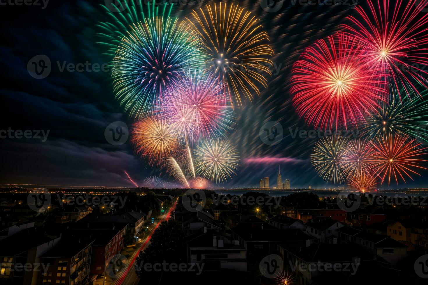 un' colorato fuochi d'artificio Schermo al di sopra di un' città a notte. ai generato foto
