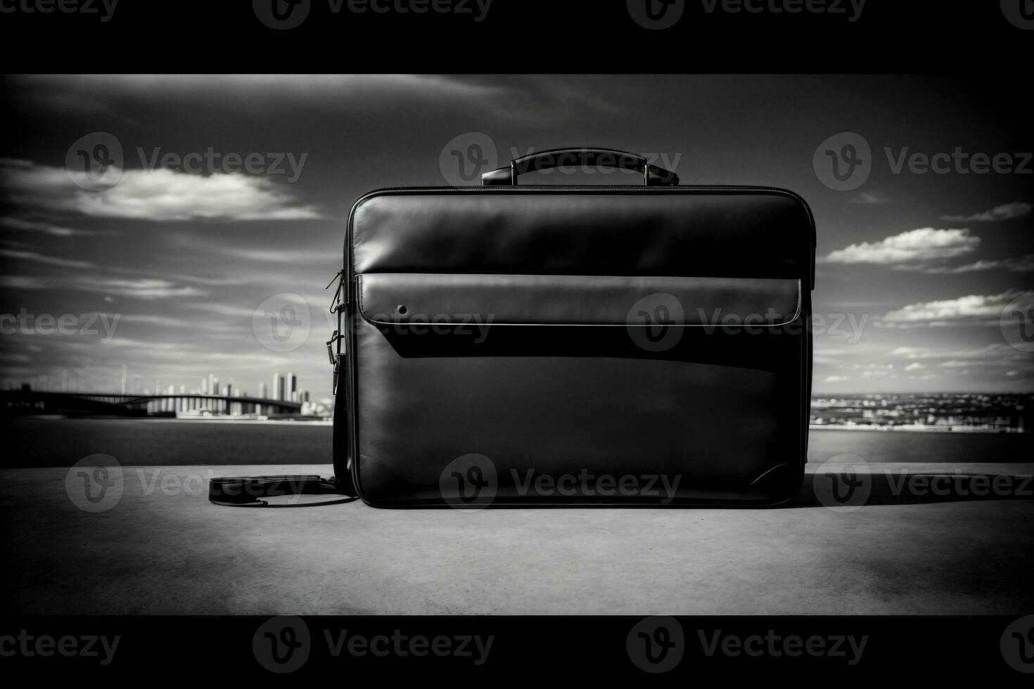 un' nero e bianca foto di un' valigia. ai generato