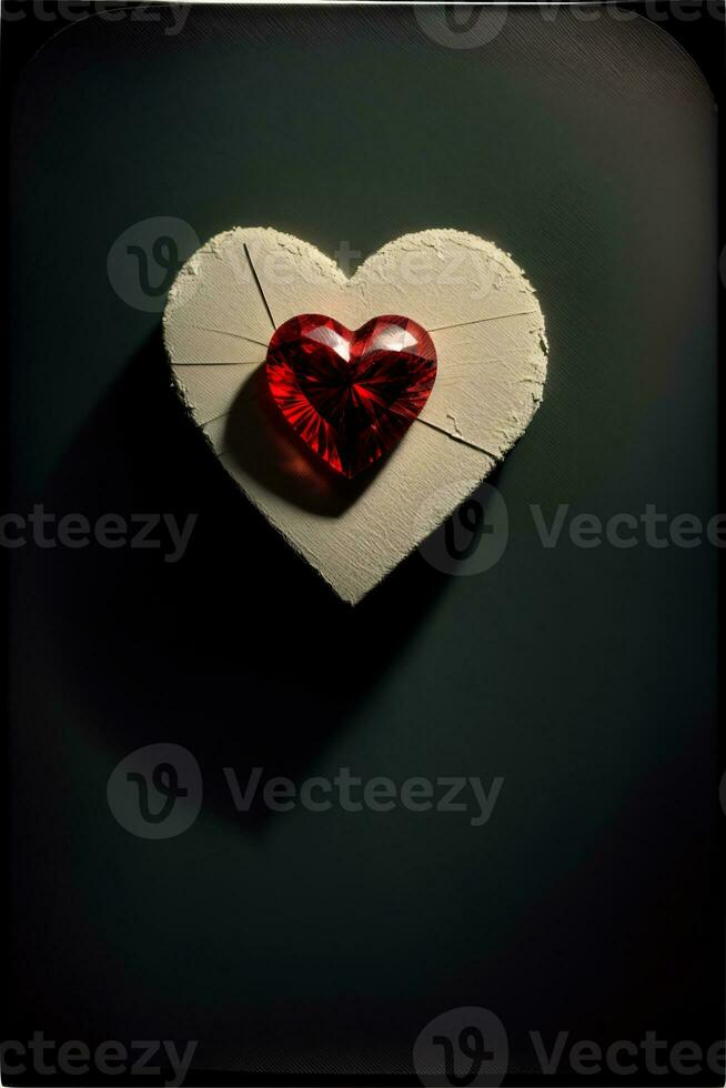un' cuore sagomato oggetto seduta su superiore di un' pezzo di carta. ai generato foto