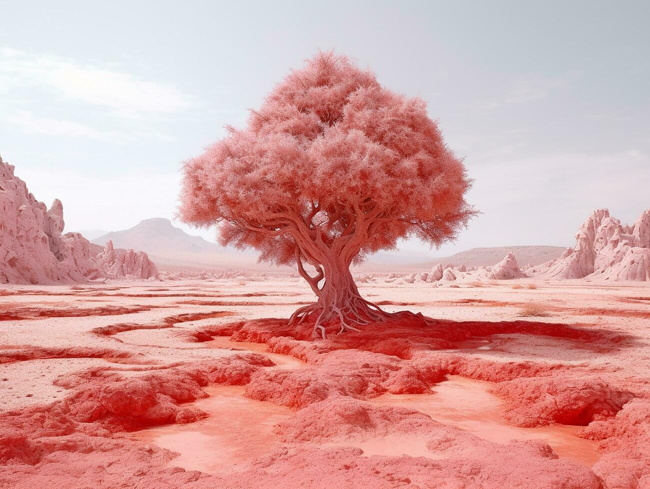 panoramico immagine di un' bambino rosa leafed albero nel il mezzo di rosso utopia deserto ai generativo foto